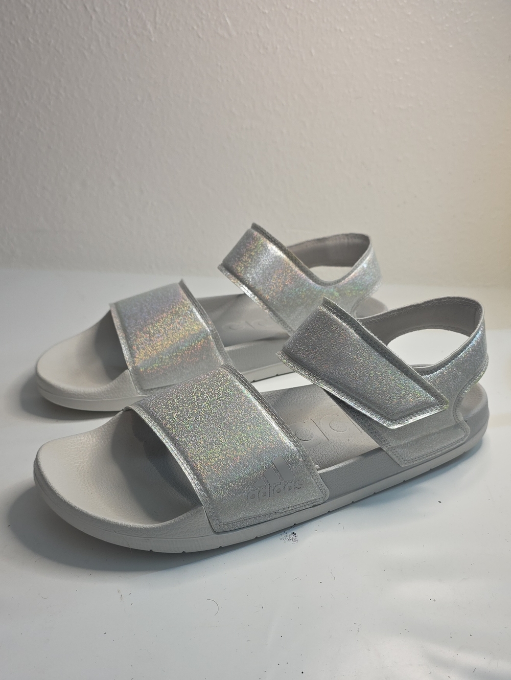 ADIDAS ADILETTE GREY GLITTER CLOUDFOAM SANDALS ID1775 WOMENS SIZE 11 VGUC